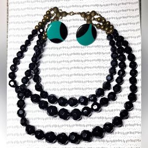 Vintage Black Statement Necklace and Matched with Green and Black Post earrings